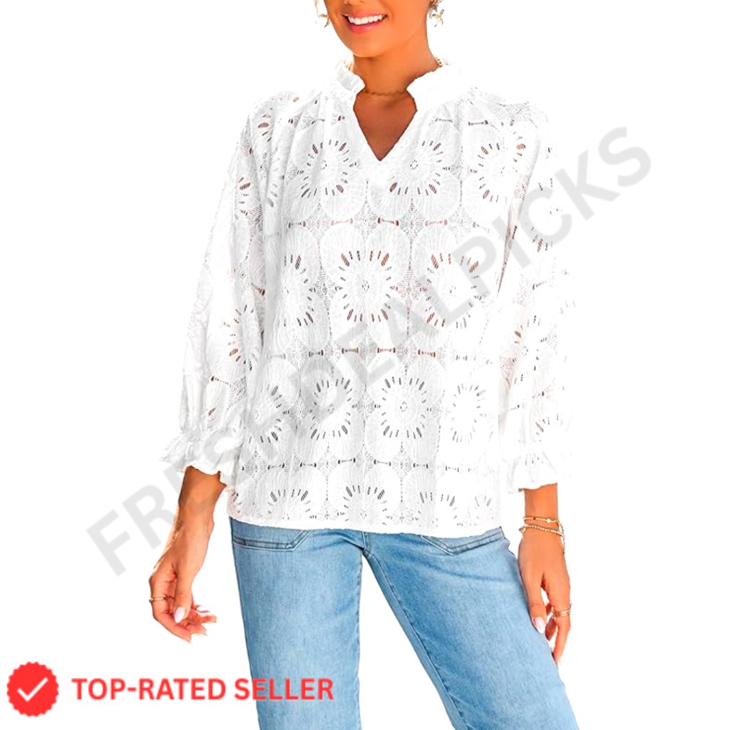 Eyelet Lace Blouse Elegant Boho V-Neck 3/4 Sleeve Work Casual Top